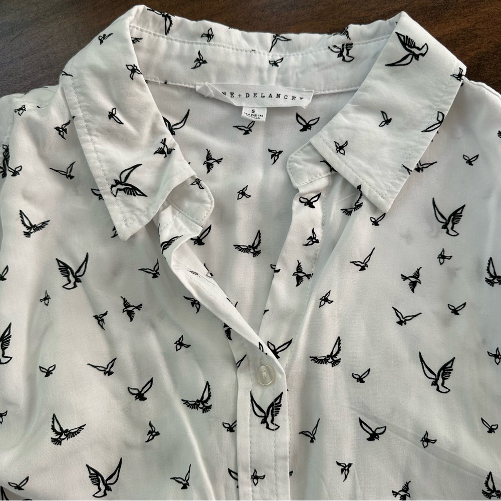 Jane & Delancey Women's Size S Small Bird Print Blouse White Black Top Career